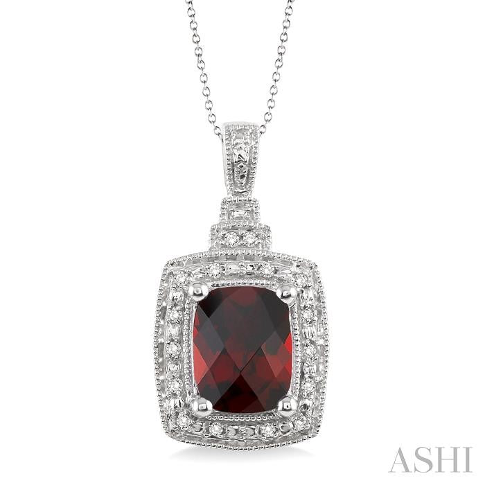 9x7 MM Cushion Shape Garnet and 1/10 Ctw Round Cut Diamond Pendant in Sterling Silver with Chain