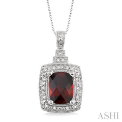 9x7 MM Cushion Shape Garnet and 1/10 Ctw Round Cut Diamond Pendant in Sterling Silver with Chain