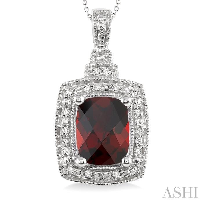 9x7 MM Cushion Shape Garnet and 1/10 Ctw Round Cut Diamond Pendant in Sterling Silver with Chain