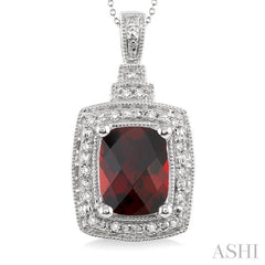 9x7 MM Cushion Shape Garnet and 1/10 Ctw Round Cut Diamond Pendant in Sterling Silver with Chain