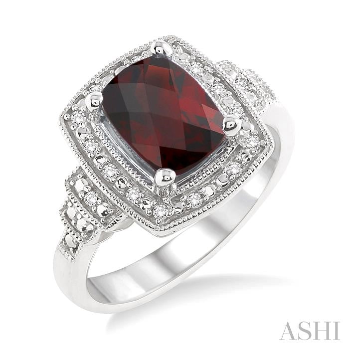 9x7 MM Cushion Shape Garnet and 1/10 Ctw Round Cut Diamond Ring in Sterling Silver