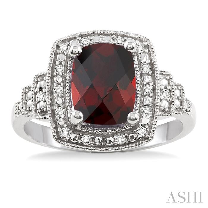 9x7 MM Cushion Shape Garnet and 1/10 Ctw Round Cut Diamond Ring in Sterling Silver