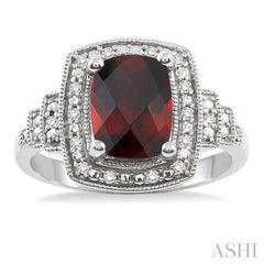 9x7 MM Cushion Shape Garnet and 1/10 Ctw Round Cut Diamond Ring in Sterling Silver