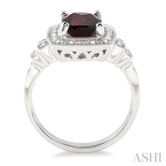 9x7 MM Cushion Shape Garnet and 1/10 Ctw Round Cut Diamond Ring in Sterling Silver