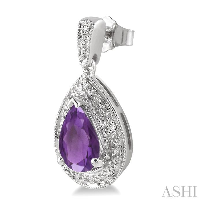 9x6 MM Pear Shape Amethyst and 1/20 Ctw Round Cut Diamond Earrings in Sterling Silver