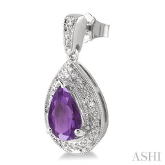 9x6 MM Pear Shape Amethyst and 1/20 Ctw Round Cut Diamond Earrings in Sterling Silver