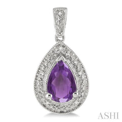 9x6 MM Pear Shape Amethyst and 1/20 Ctw Round Cut Diamond Earrings in Sterling Silver
