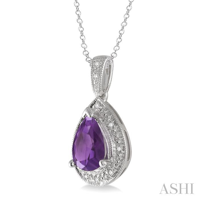 10x7 MM Pear Shape Amethyst and 1/20 Ctw Round Cut Diamond Pendant in Sterling Silver with chain