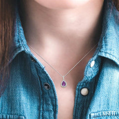 10x7 MM Pear Shape Amethyst and 1/20 Ctw Round Cut Diamond Pendant in Sterling Silver with chain
