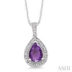 10x7 MM Pear Shape Amethyst and 1/20 Ctw Round Cut Diamond Pendant in Sterling Silver with chain