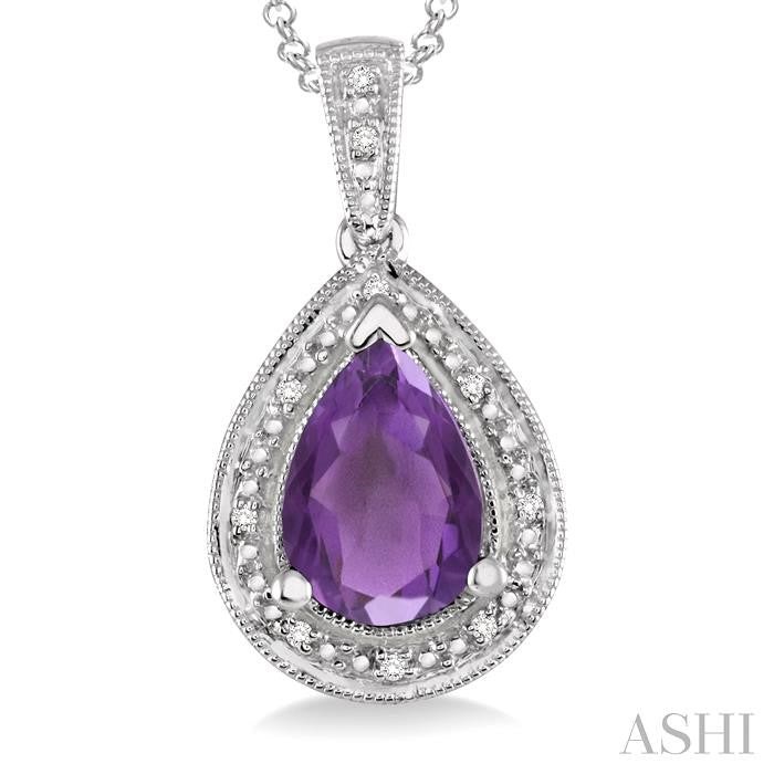 10x7 MM Pear Shape Amethyst and 1/20 Ctw Round Cut Diamond Pendant in Sterling Silver with chain