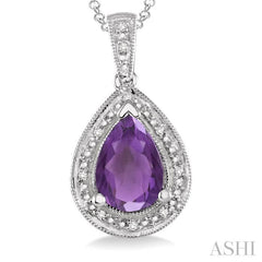 10x7 MM Pear Shape Amethyst and 1/20 Ctw Round Cut Diamond Pendant in Sterling Silver with chain