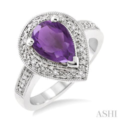 10x7 MM Pear Shape Amethyst and 1/20 Ctw Single Cut Diamond Ring in Sterling Silver