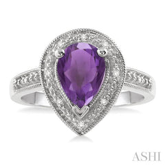 10x7 MM Pear Shape Amethyst and 1/20 Ctw Single Cut Diamond Ring in Sterling Silver
