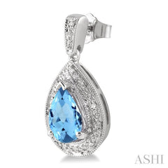 9x6 MM Pear Shape Blue Topaz and 1/20 Ctw Round Cut Diamond Earrings in Sterling Silver