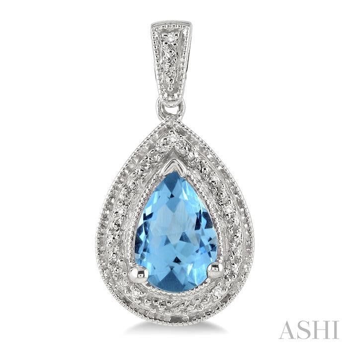 9x6 MM Pear Shape Blue Topaz and 1/20 Ctw Round Cut Diamond Earrings in Sterling Silver