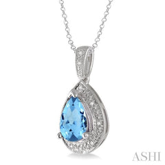 10x7 MM Pear Shape Blue Topaz and 1/20 Ctw Round Cut Diamond Pendant in Sterling Silver with chain