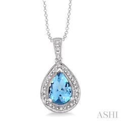 10x7 MM Pear Shape Blue Topaz and 1/20 Ctw Round Cut Diamond Pendant in Sterling Silver with chain