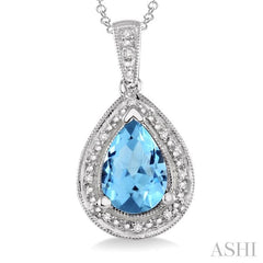 10x7 MM Pear Shape Blue Topaz and 1/20 Ctw Round Cut Diamond Pendant in Sterling Silver with chain