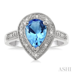 10x7 MM Pear Shape Blue Topaz and 1/20 Ctw Round Cut Diamond Ring in Sterling Silver
