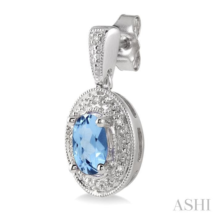 7x5 MM Oval Cut Blue Topaz and 1/20 Ctw Round Cut Diamond Earrings in Sterling Silver