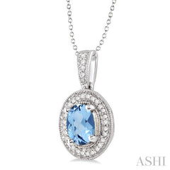 8x6 MM Oval Cut Blue Topaz and 1/20 Ctw Round Cut Diamond Pendant in Sterling Silver with Chain