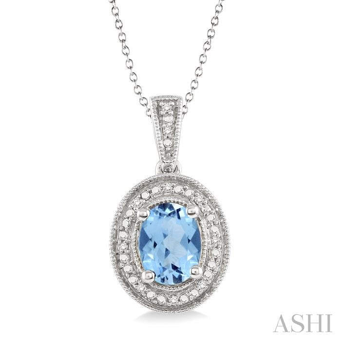 8x6 MM Oval Cut Blue Topaz and 1/20 Ctw Round Cut Diamond Pendant in Sterling Silver with Chain