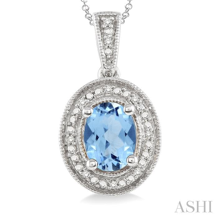 8x6 MM Oval Cut Blue Topaz and 1/20 Ctw Round Cut Diamond Pendant in Sterling Silver with Chain