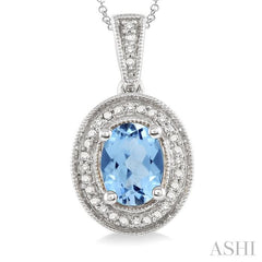 8x6 MM Oval Cut Blue Topaz and 1/20 Ctw Round Cut Diamond Pendant in Sterling Silver with Chain