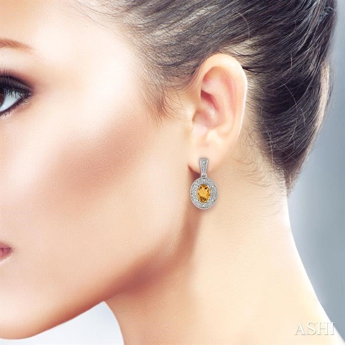 7x5 MM Oval Cut Citrine and 1/20 Ctw Round Cut Diamond Earrings in Sterling Silver