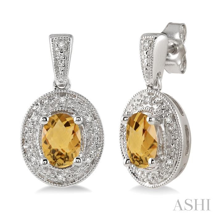 7x5 MM Oval Cut Citrine and 1/20 Ctw Round Cut Diamond Earrings in Sterling Silver