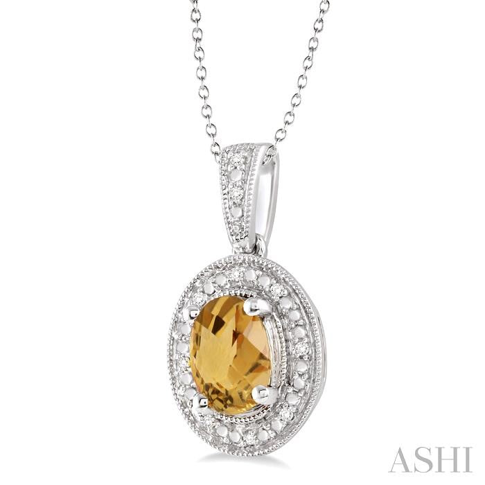 8x6 MM Oval Cut Citrine and 1/20 Ctw Round Cut Diamond Pendant in Sterling Silver with Chain