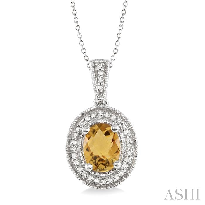 8x6 MM Oval Cut Citrine and 1/20 Ctw Round Cut Diamond Pendant in Sterling Silver with Chain