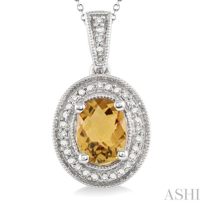 8x6 MM Oval Cut Citrine and 1/20 Ctw Round Cut Diamond Pendant in Sterling Silver with Chain