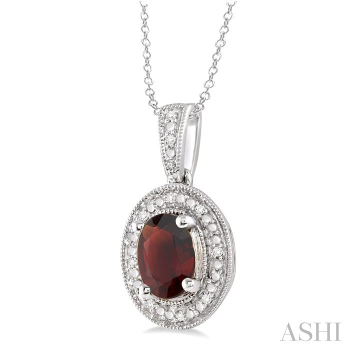 8x6 MM Oval Cut Garnet and 1/20 Ctw Round Cut Diamond Pendant in Sterling Silver with Chain