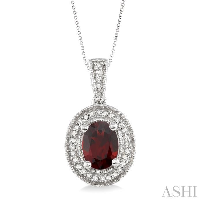 8x6 MM Oval Cut Garnet and 1/20 Ctw Round Cut Diamond Pendant in Sterling Silver with Chain