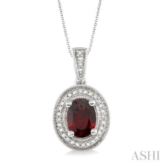 8x6 MM Oval Cut Garnet and 1/20 Ctw Round Cut Diamond Pendant in Sterling Silver with Chain