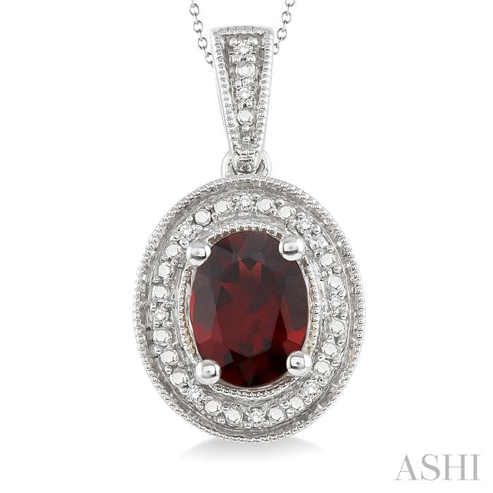 8x6 MM Oval Cut Garnet and 1/20 Ctw Round Cut Diamond Pendant in Sterling Silver with Chain