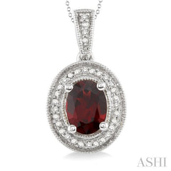 8x6 MM Oval Cut Garnet and 1/20 Ctw Round Cut Diamond Pendant in Sterling Silver with Chain