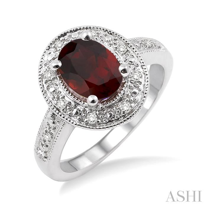 8x6 MM Oval Cut Garnet and 1/20 Ctw Round Cut Diamond Ring in Sterling Silver