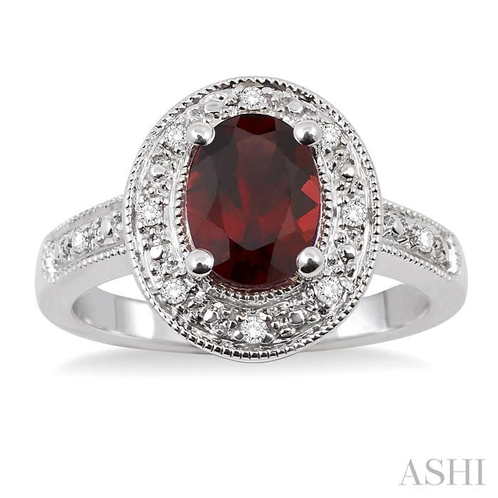 8x6 MM Oval Cut Garnet and 1/20 Ctw Round Cut Diamond Ring in Sterling Silver