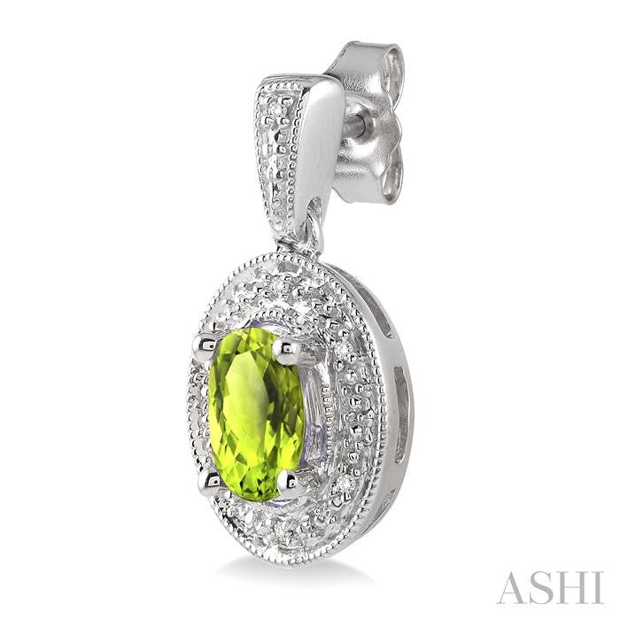7x5 MM Oval Cut Peridot and 1/20 Ctw Round Cut Diamond Earrings in Sterling Silver