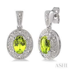 7x5 MM Oval Cut Peridot and 1/20 Ctw Round Cut Diamond Earrings in Sterling Silver