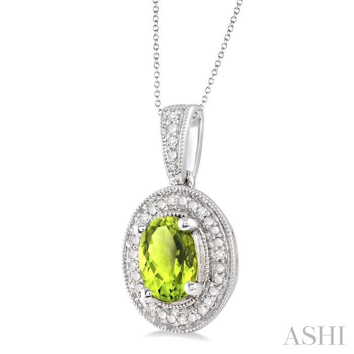 8x6 MM Oval Cut Peridot and 1/20 Ctw Round Cut Diamond Pendant in Sterling Silver with Chain