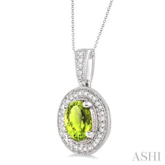 8x6 MM Oval Cut Peridot and 1/20 Ctw Round Cut Diamond Pendant in Sterling Silver with Chain