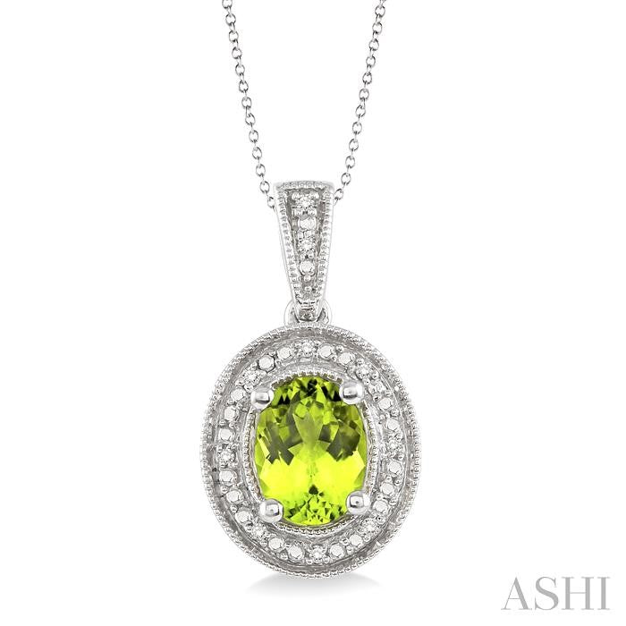 8x6 MM Oval Cut Peridot and 1/20 Ctw Round Cut Diamond Pendant in Sterling Silver with Chain