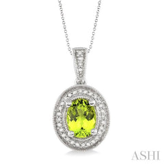 8x6 MM Oval Cut Peridot and 1/20 Ctw Round Cut Diamond Pendant in Sterling Silver with Chain
