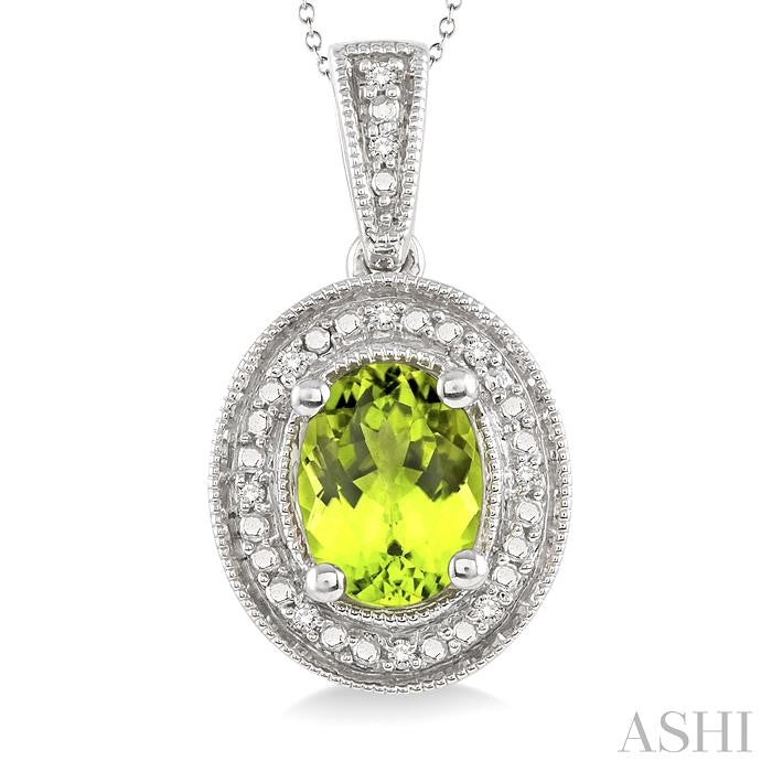 8x6 MM Oval Cut Peridot and 1/20 Ctw Round Cut Diamond Pendant in Sterling Silver with Chain
