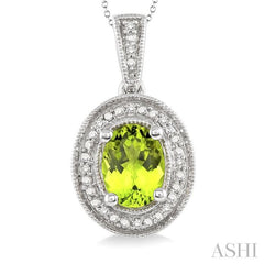 8x6 MM Oval Cut Peridot and 1/20 Ctw Round Cut Diamond Pendant in Sterling Silver with Chain