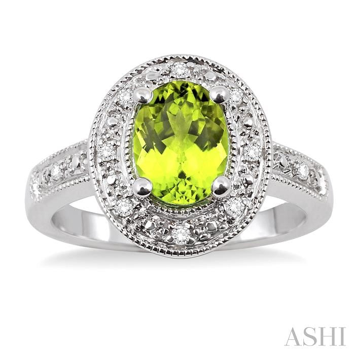 8x6 MM Oval Cut Peridot and 1/20 Ctw Round Cut Diamond Ring in Sterling Silver